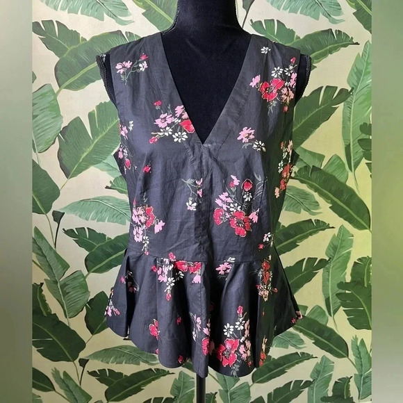 Rebecca Taylor Marguerite Floral Poplin Peplum Tank Top Black Size 8 - Picture 2 of 6